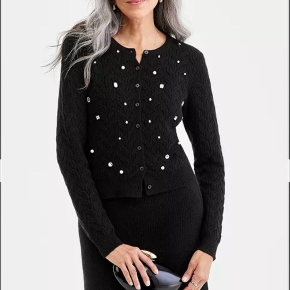 Charter Club 100% Cashmere Embellished Cable-Knit Cardigan in Black Size XL - Picture 1 of 7